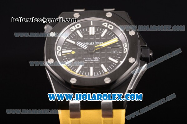 Audemars Piguet Royal Oak Offshore Diver Clone AP Calibre 3120 Automatic PVD Case with Black Dial Yellow Rubber Strap and White Stick Markers (EF) - Click Image to Close